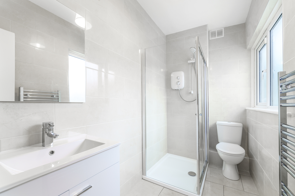 Small minimalist bathroom with corner shower, Malvern PA